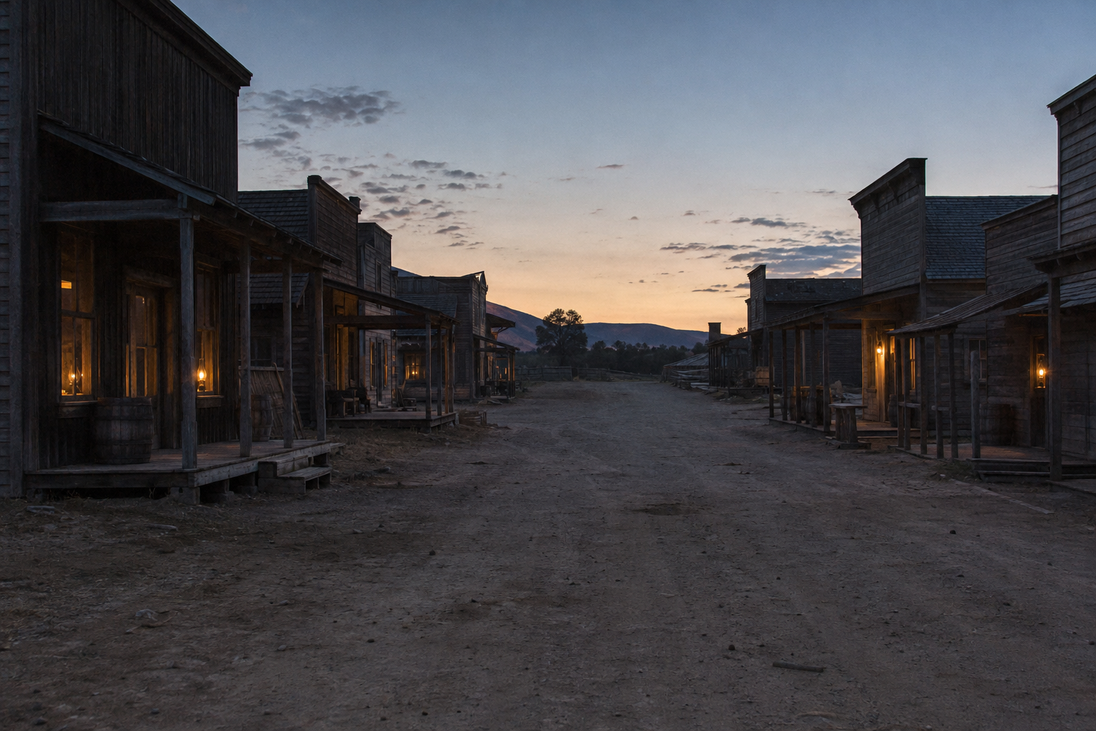 The main street of Mercy Ridge on a dark Western night